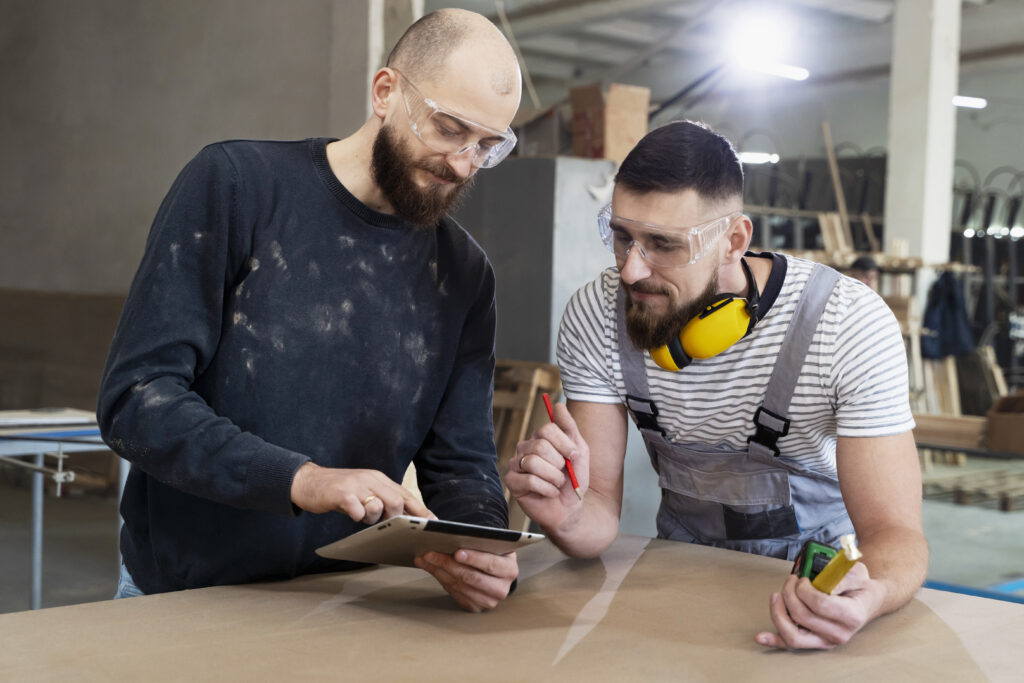Men chatting over cutting MDF Boarding