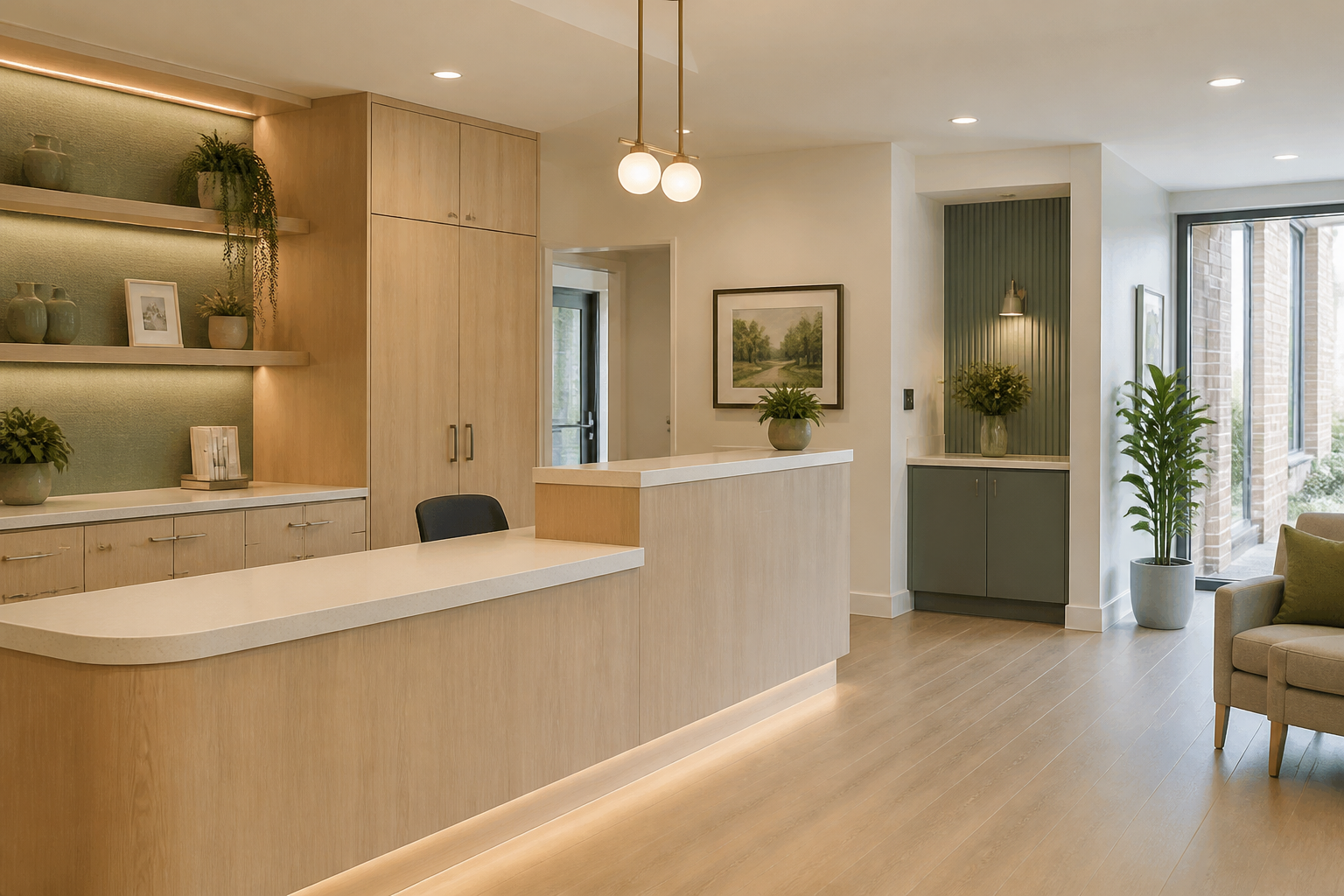 Modern commercial fitted furniture and reception cabinetry in a welcoming care setting