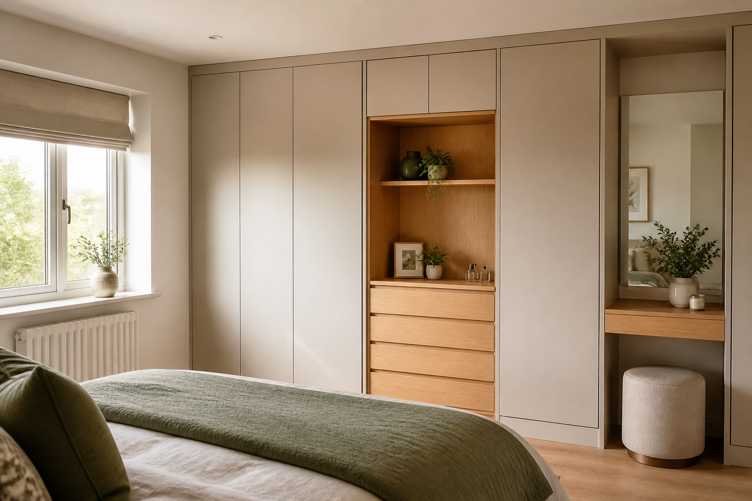 Modern fitted bedroom with made-to-measure wardrobes, drawers and dressing area