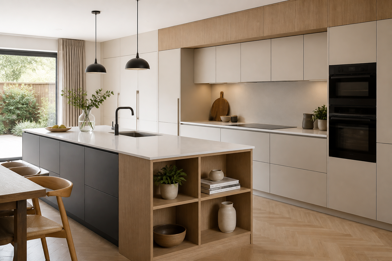Modern fitted kitchen with bespoke cabinetry, integrated appliances and island